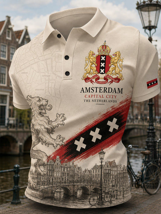Herenpoloshirt met korte mouwen en stedelijk herdenkingsmotief