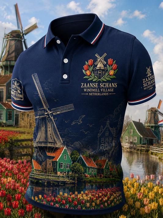 Herenpoloshirt met korte mouwen en souvenirprint van een molenendorp