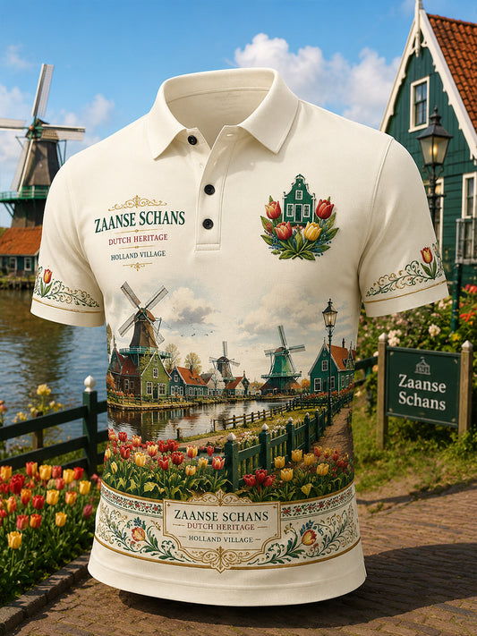 Herenpoloshirt met korte mouwen en windmolen Village souvenirstijlprint
