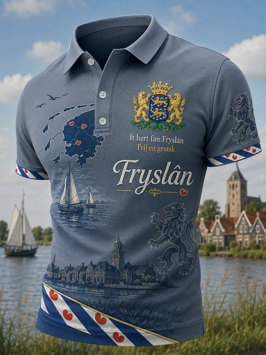 Herenpoloshirt met korte mouwen en stedelijk herdenkingsmotief