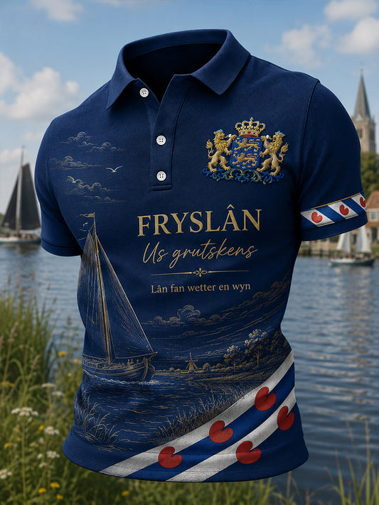 Herenpoloshirt met korte mouwen en stedelijk herdenkingsmotief