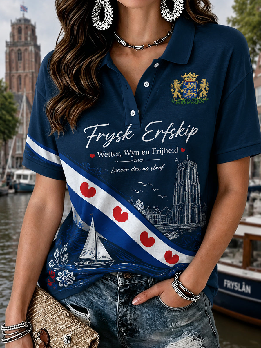 Damespoloshirt met korte mouwen en grafische print van een stads souvenir