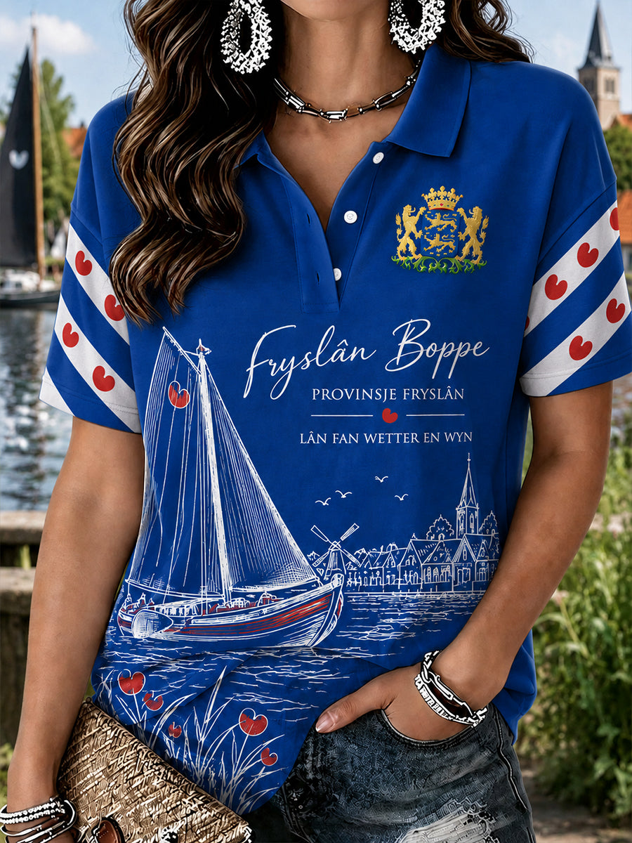 Damespoloshirt met korte mouwen en grafische print van een stads souvenir