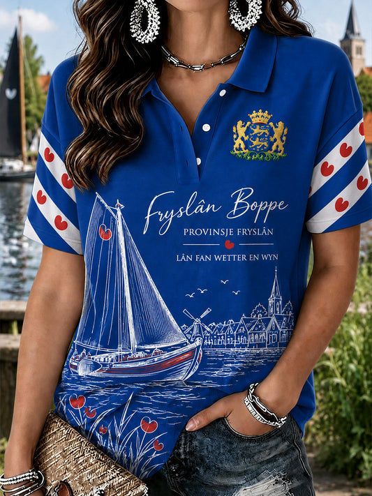 Damespoloshirt met korte mouwen en grafische print van een stads souvenir