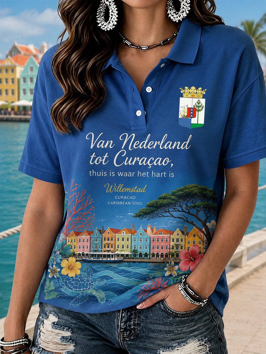 Damespoloshirt met korte mouwen en een door eilandleven geïnspireerde herdenkingsprint