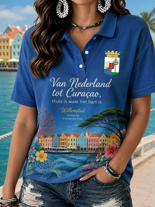 Damespoloshirt met korte mouwen en een door eilandleven geïnspireerde herdenkingsprint