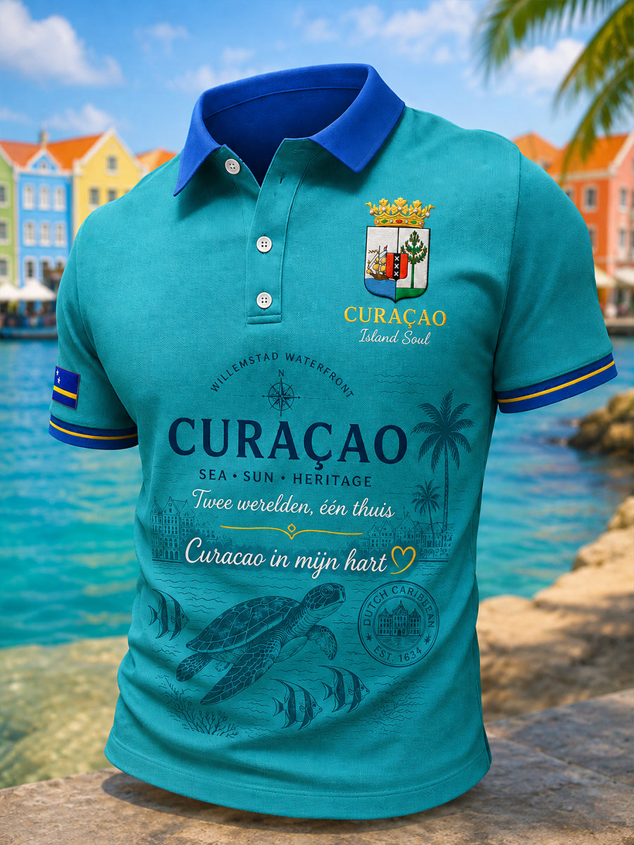 Herenpoloshirt met korte mouwen en eiland-geïnspireerde grafische print