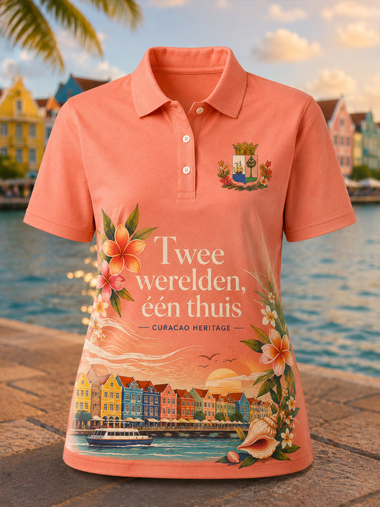 Damespoloshirt met korte mouwen en een door eilandleven geïnspireerde herdenkingsprint