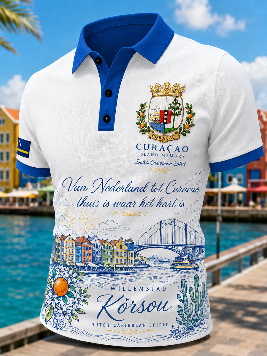 Herenpoloshirt met korte mouwen en eiland-geïnspireerde grafische print