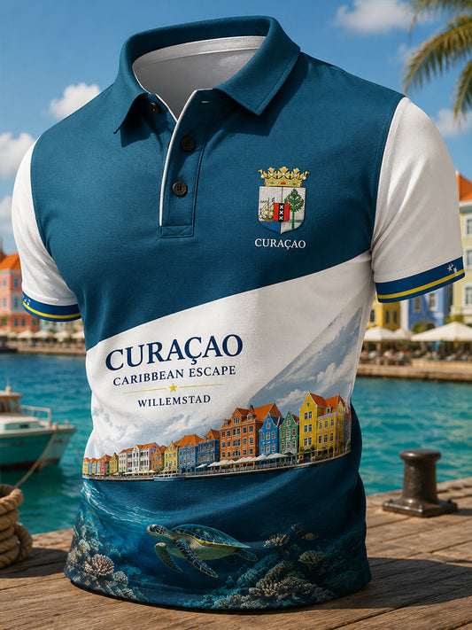 Herenpoloshirt met korte mouwen en een print met eilandvakantie-thema