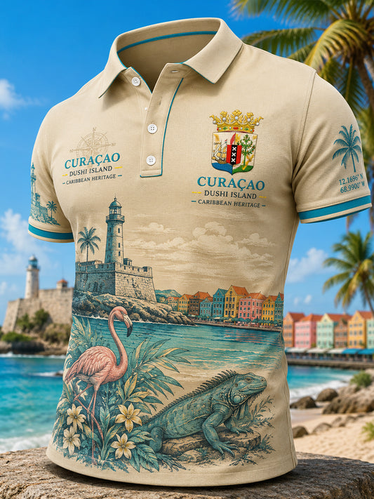 Poloshirt met korte mouwen voor heren en print met vakantiethema op het eiland