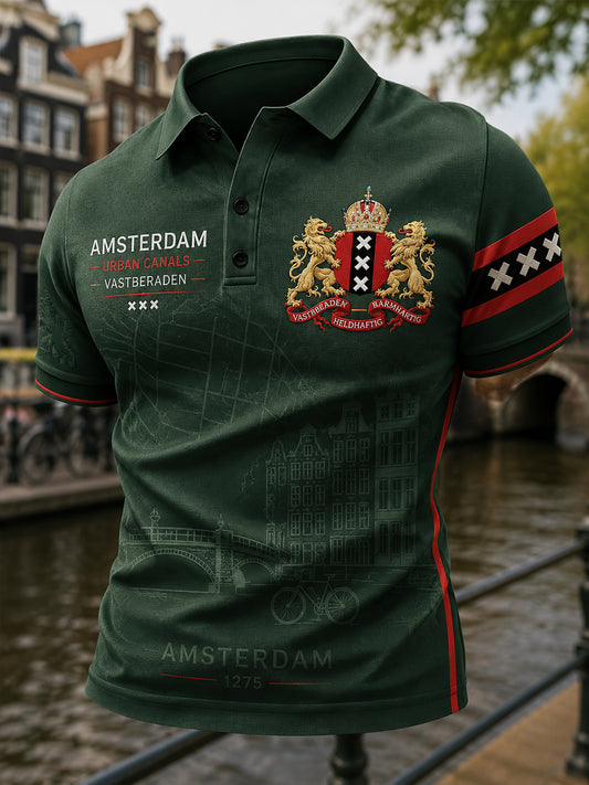 Herenpoloshirt met korte mouwen en stedelijke herdenkingsprint