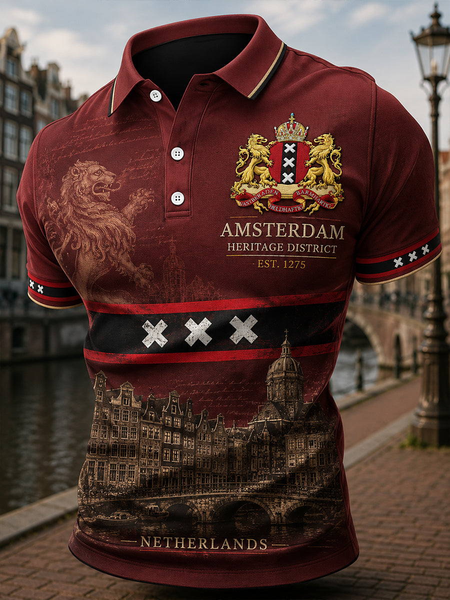 Herenpoloshirt met korte mouwen en stedelijke herdenkingsprint