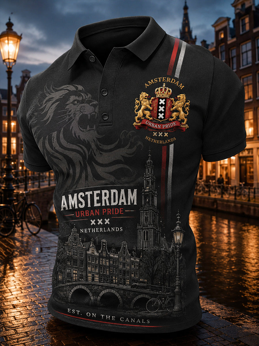 Herenpoloshirt met korte mouwen en stedelijke herdenkingsprint