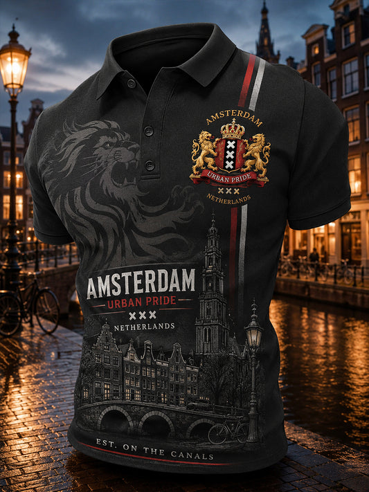Herenpoloshirt met korte mouwen en stedelijke herdenkingsprint