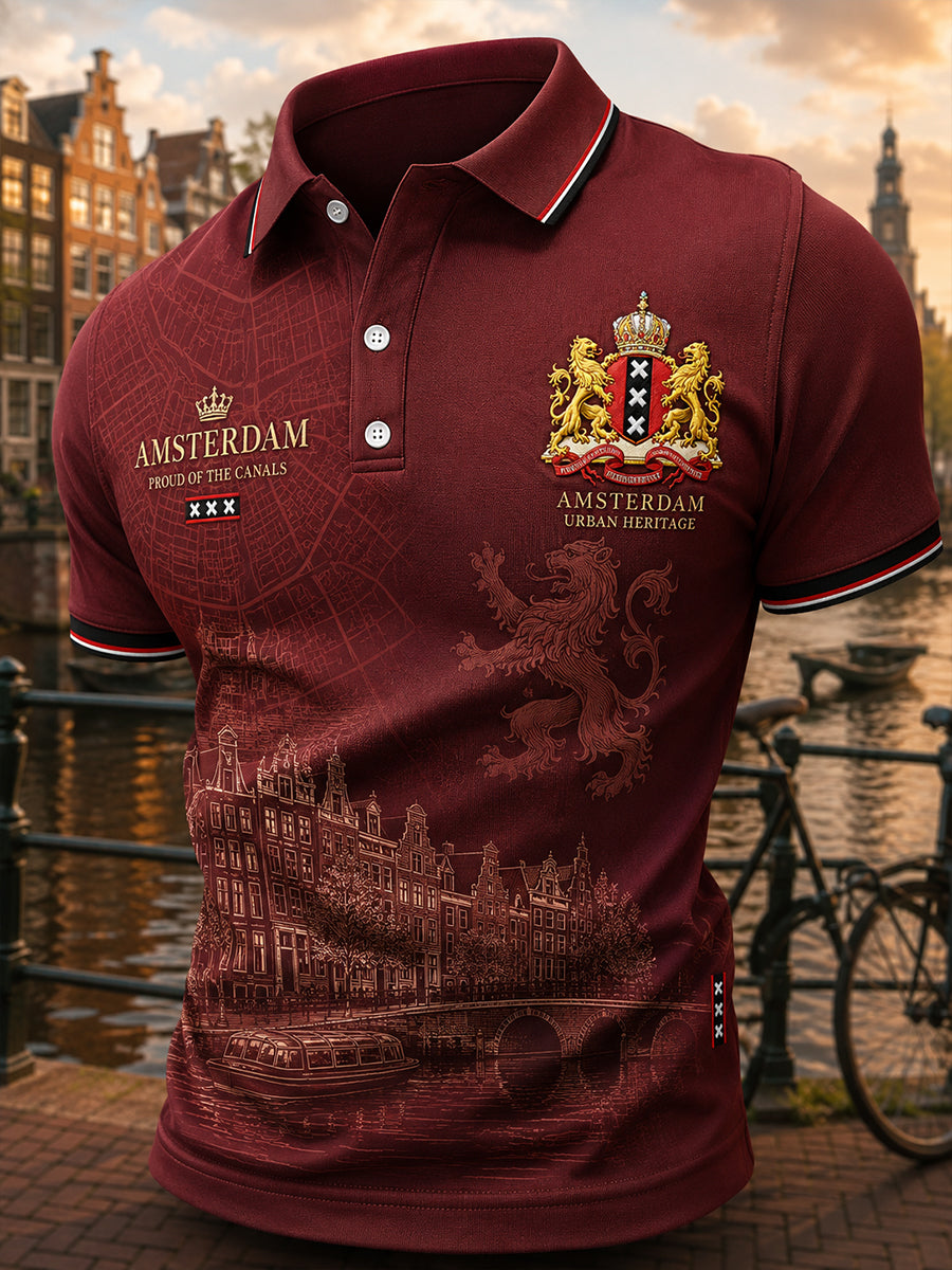 Herenpoloshirt met korte mouwen en stedelijke herdenkingsprint