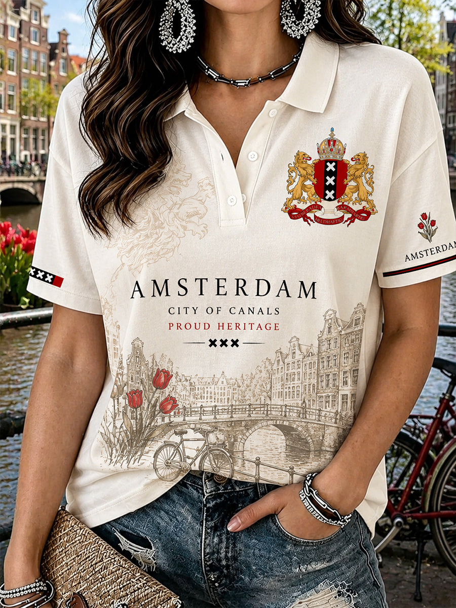 Damespoloshirt met korte mouwen en grafische print van een stads souvenir