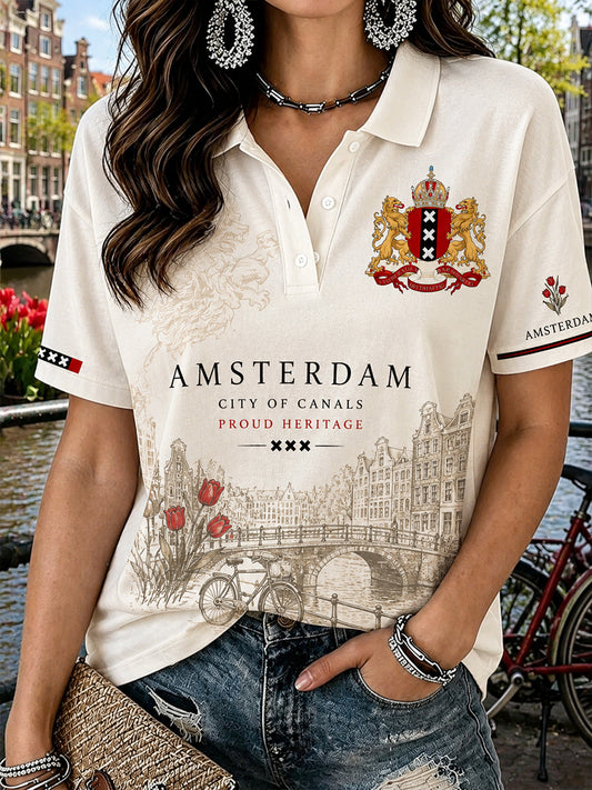 Damespoloshirt met korte mouwen en grafische print van een stads souvenir