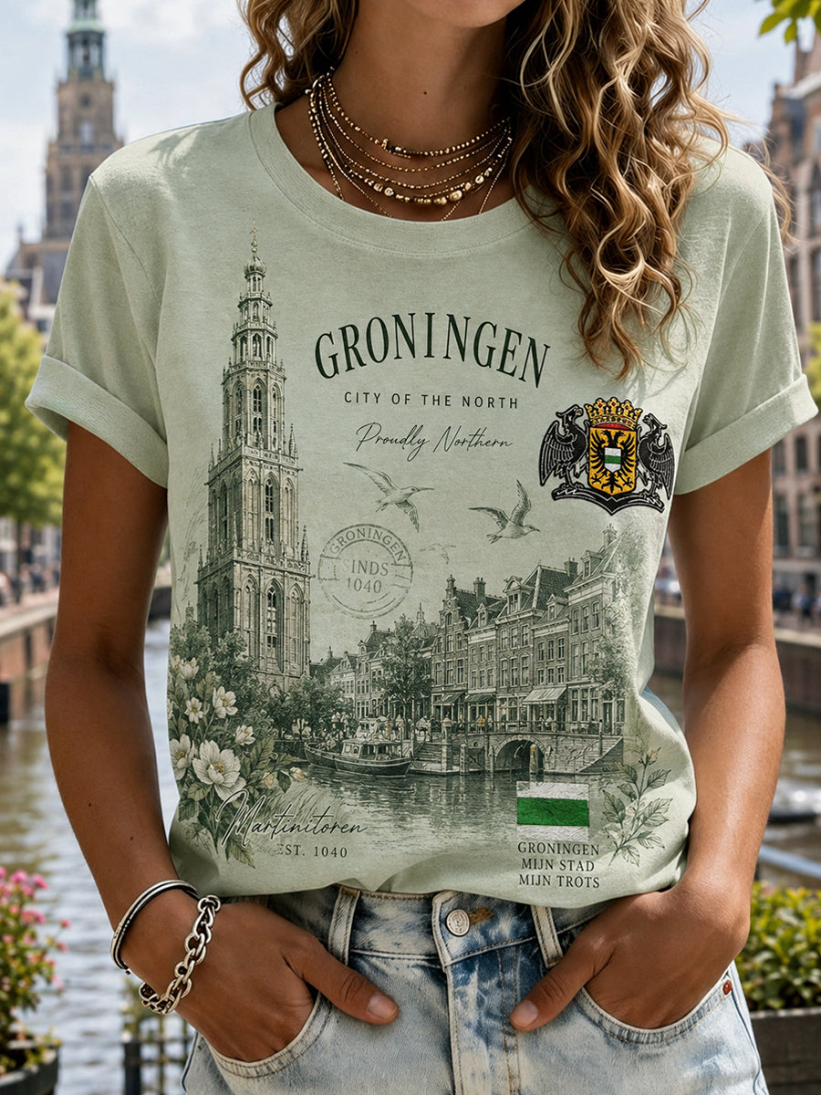 Dames-T-shirt met korte mouwen en grafische print van een stads souvenir