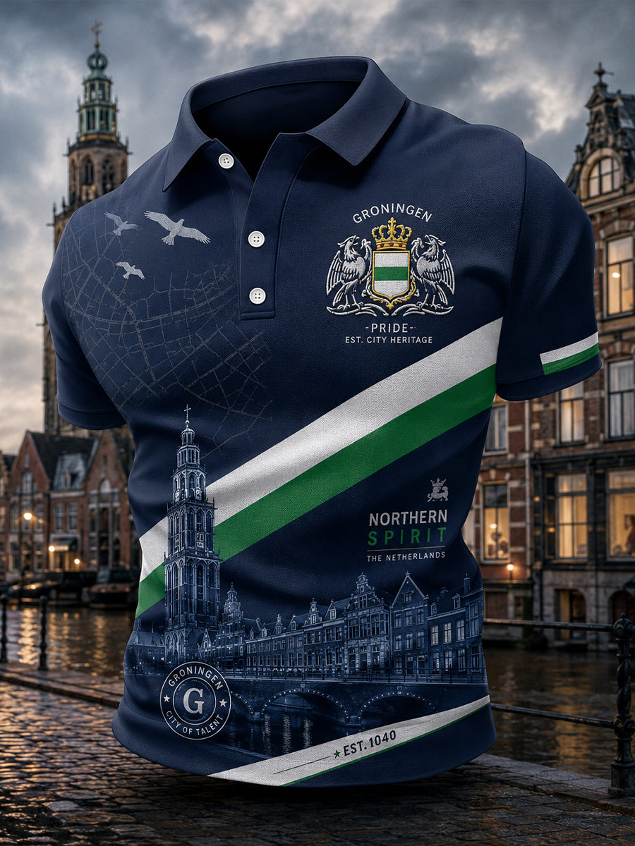 Herenpoloshirt met korte mouwen en stedelijke herdenkingsprint