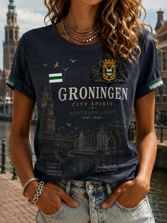 Dames-T-shirt met korte mouwen en grafische print van een stads souvenir