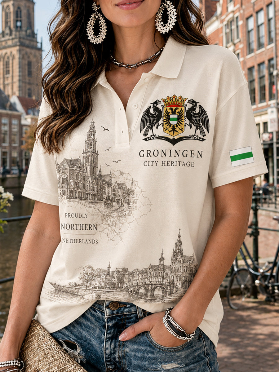 Damespoloshirt met korte mouwen en grafische print van een stads souvenir