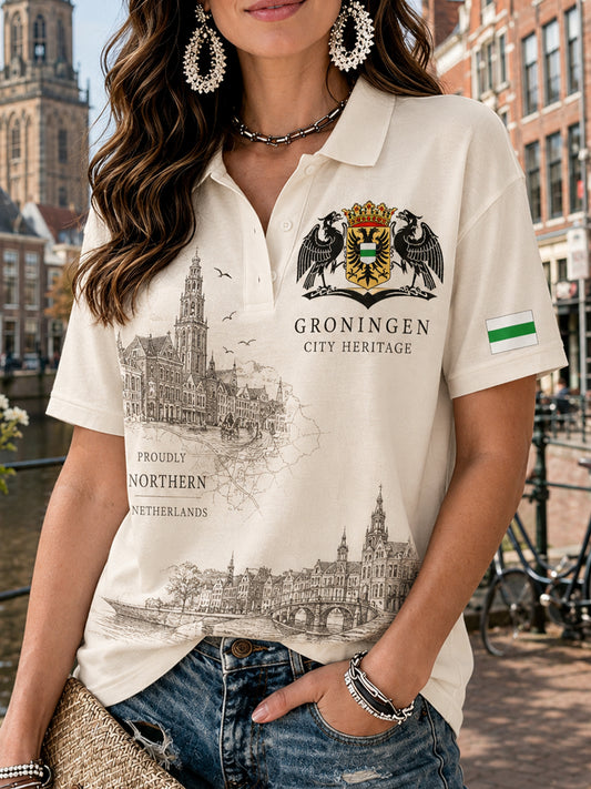 Damespoloshirt met korte mouwen en grafische print van een stads souvenir