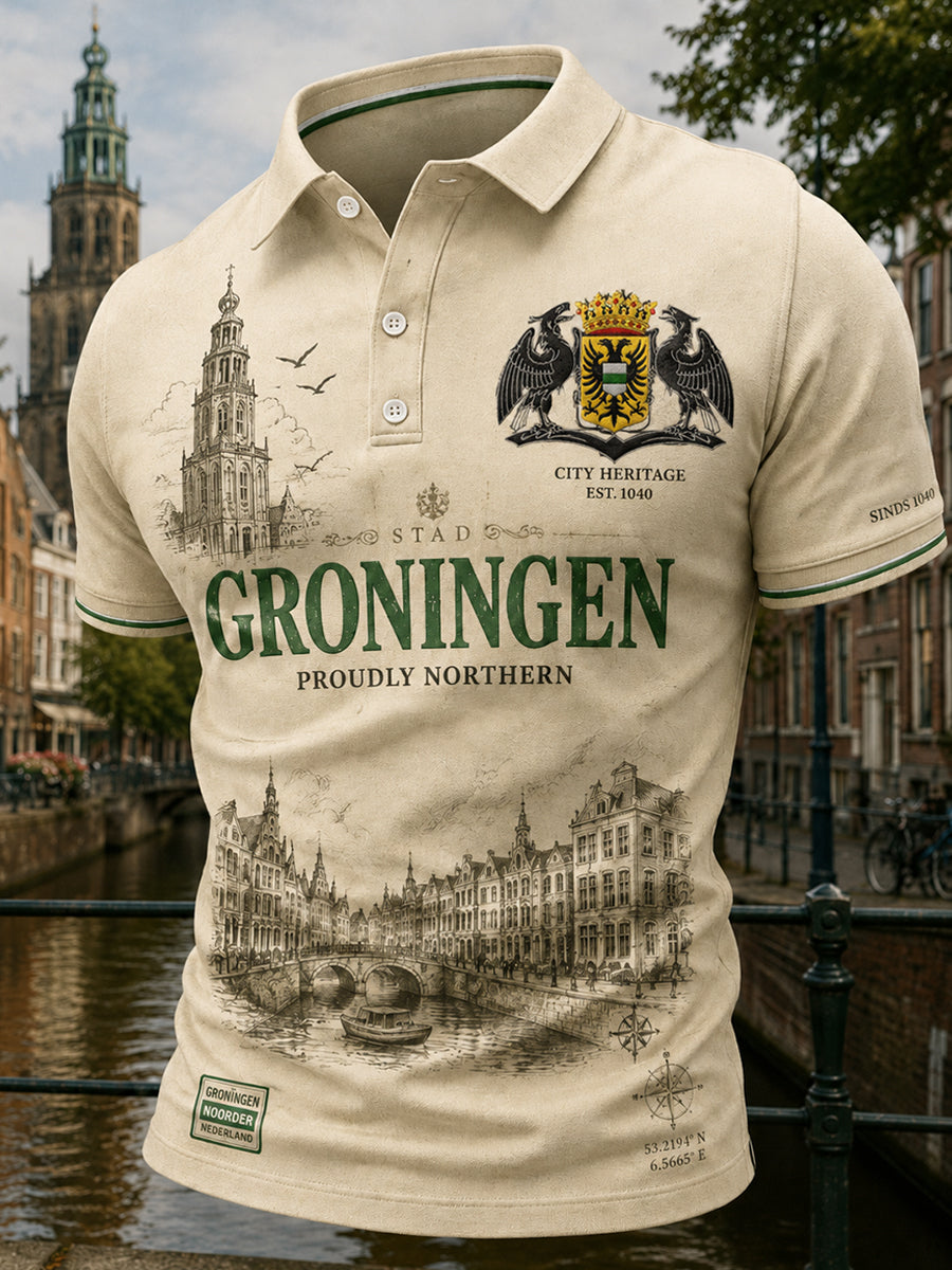 Herenpoloshirt met korte mouwen en stedelijke herdenkingsprint