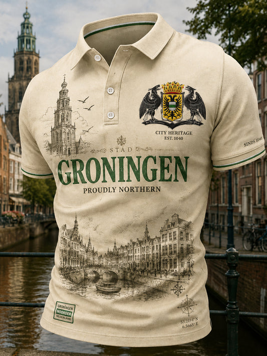 Herenpoloshirt met korte mouwen en stedelijke herdenkingsprint