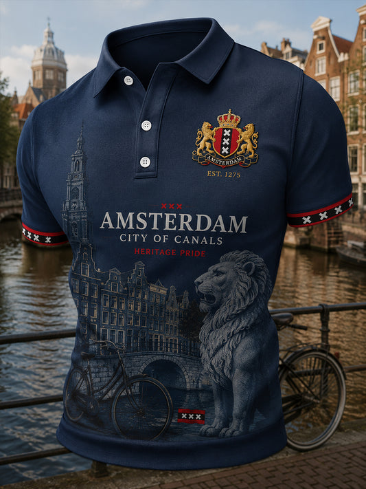 Herenpoloshirt met korte mouwen en stedelijke herdenkingsprint