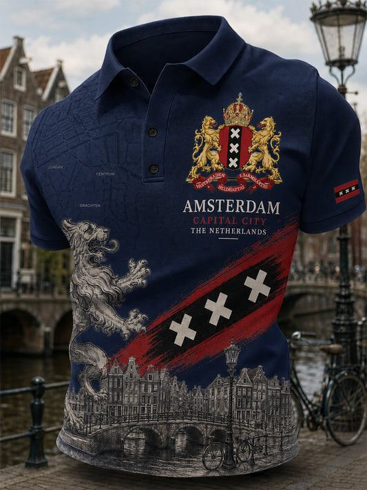 Herenpoloshirt met korte mouwen en stedelijke herdenkingsprint