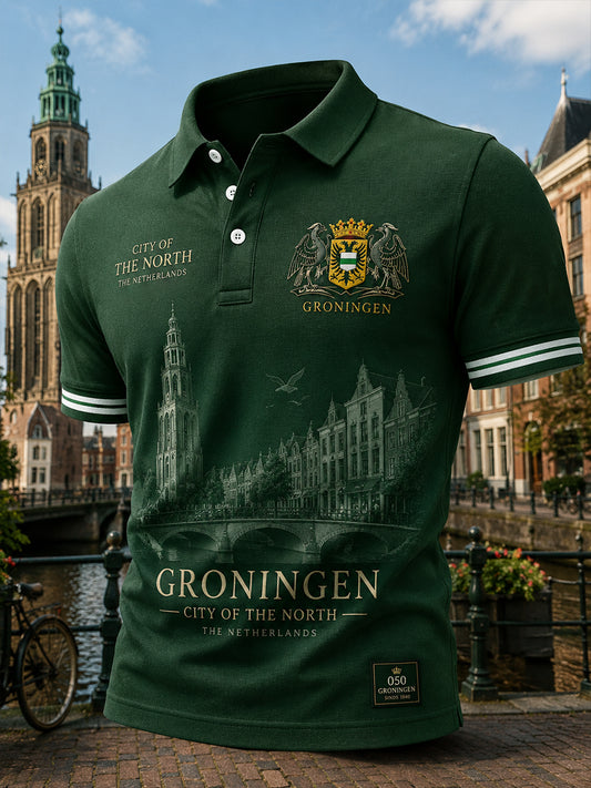Herenpoloshirt met korte mouwen en stedelijke herdenkingsprint
