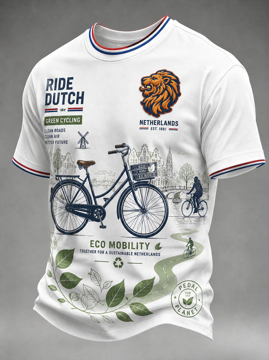 Heren-T-shirt met korte mouwen, milieuvriendelijk en voorzien van een print met fietsthema