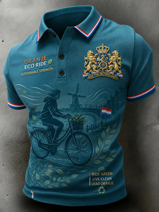 Herenpoloshirt met korte mouwen, milieuvriendelijk en voorzien van een print met fietsthema