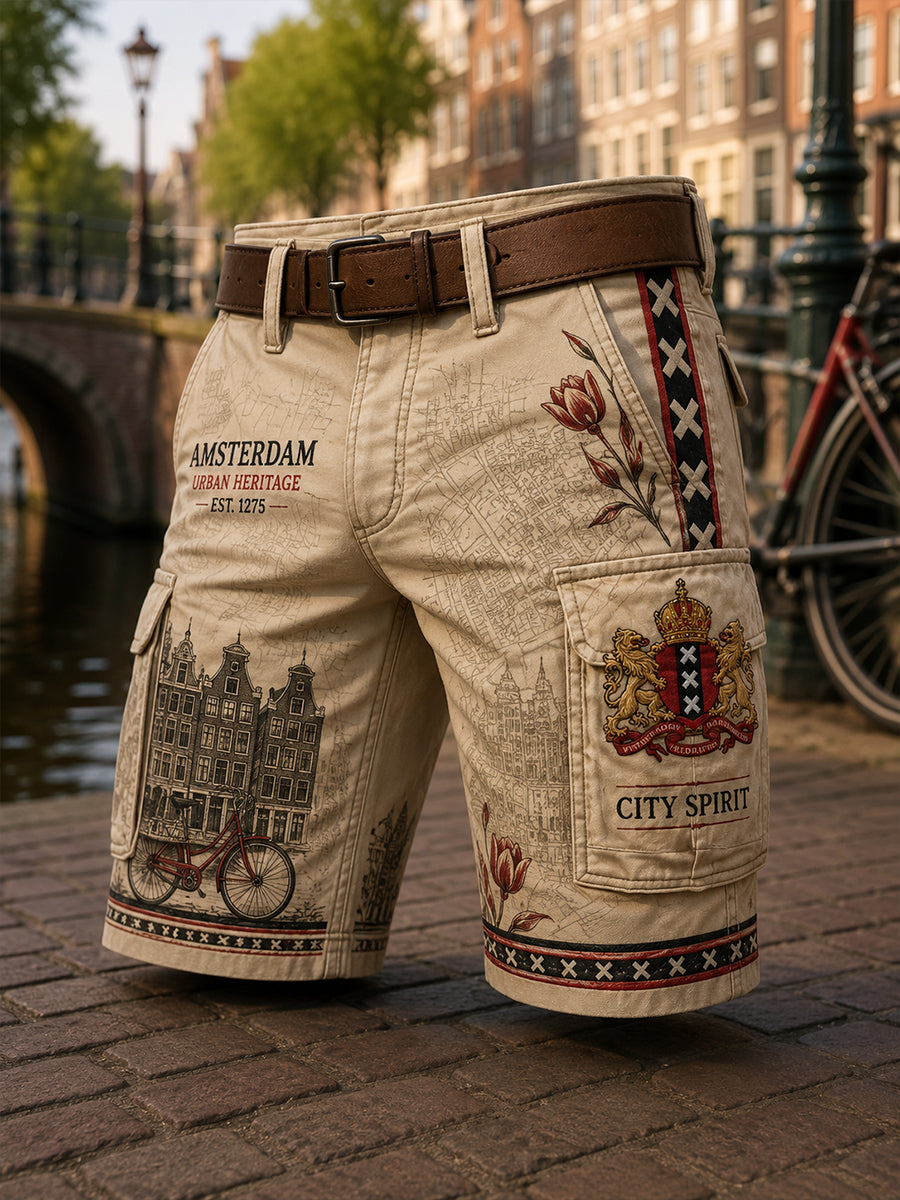 Herensmokingsbroek met stedelijk herdenkingsgraffisch motief en cropped model