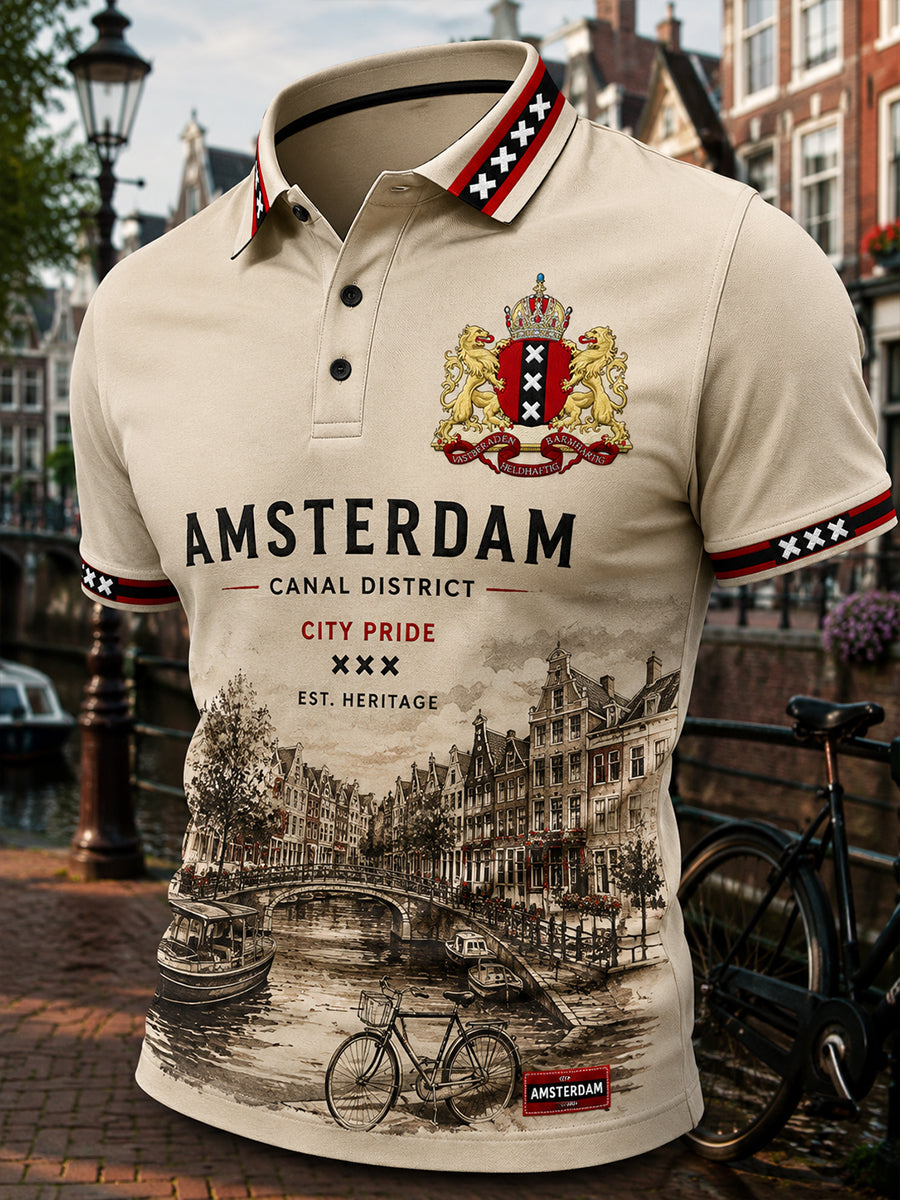 Herenpoloshirt met korte mouwen en stedelijke herdenkingsprint