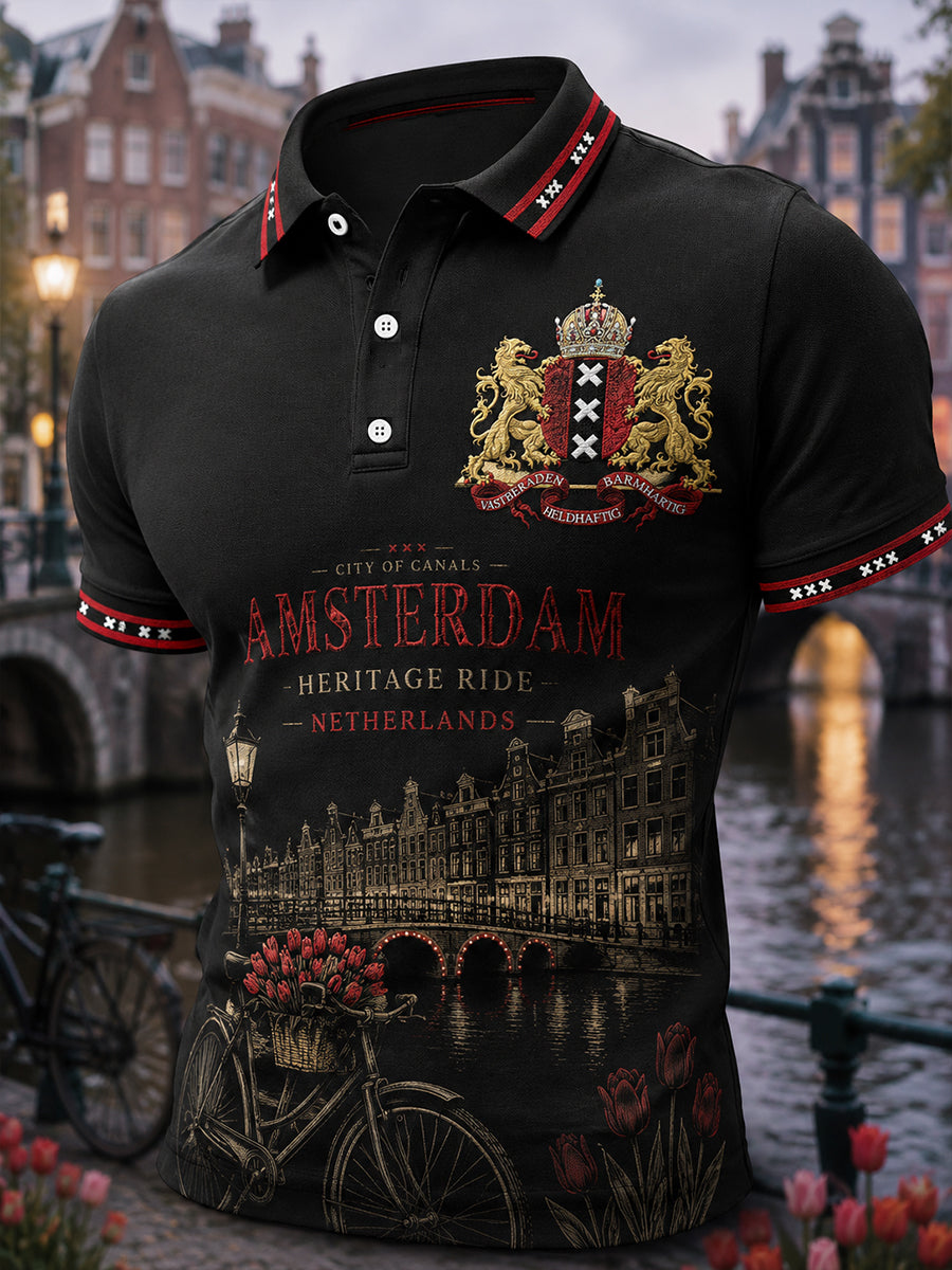 Herenpoloshirt met korte mouwen en stedelijke herdenkingsprint