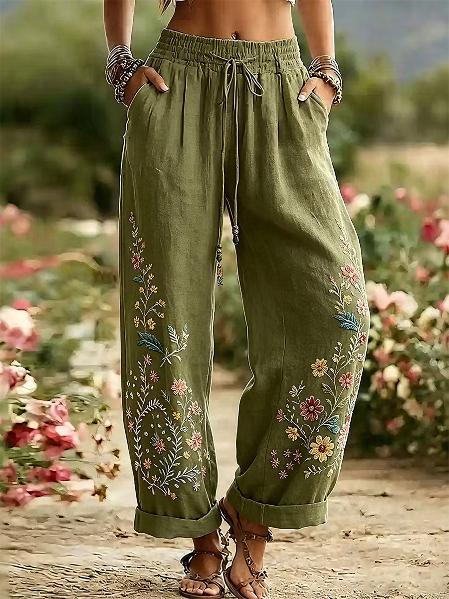 Dames elegante gebloemde katoenen linnen broek