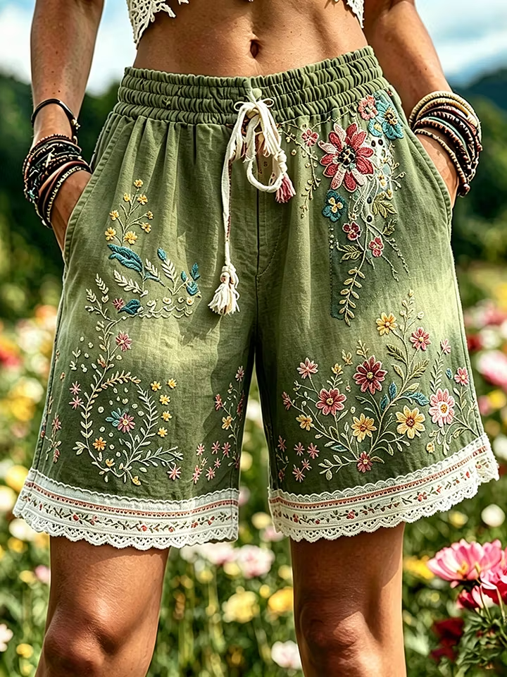 Elegante gebloemde katoenen linnen korte broek voor dames