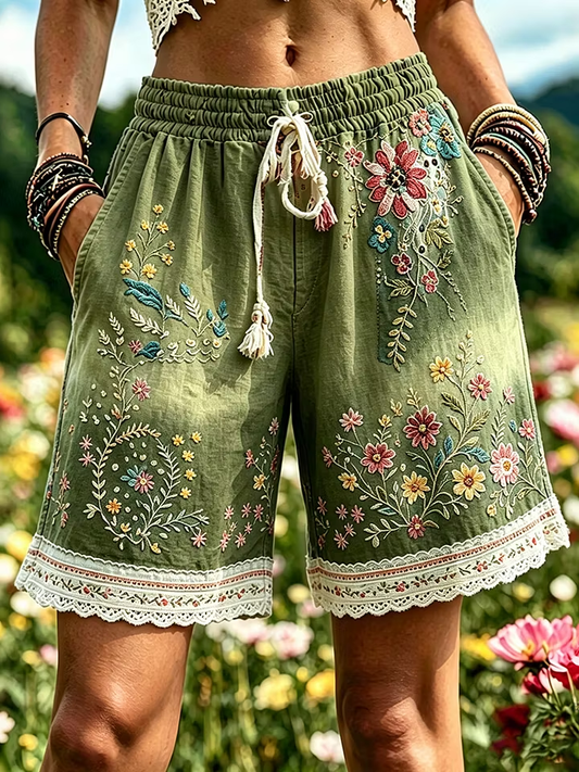 Elegante gebloemde katoenen linnen korte broek voor dames