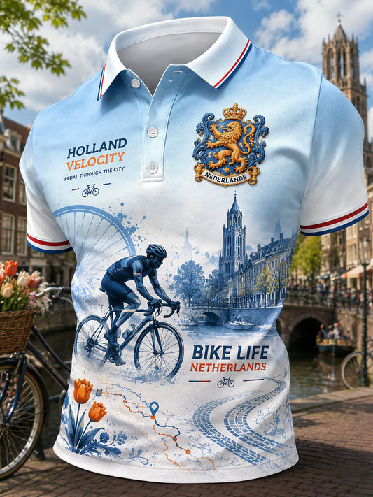Herenpoloshirt met korte mouwen en print met fietsthema
