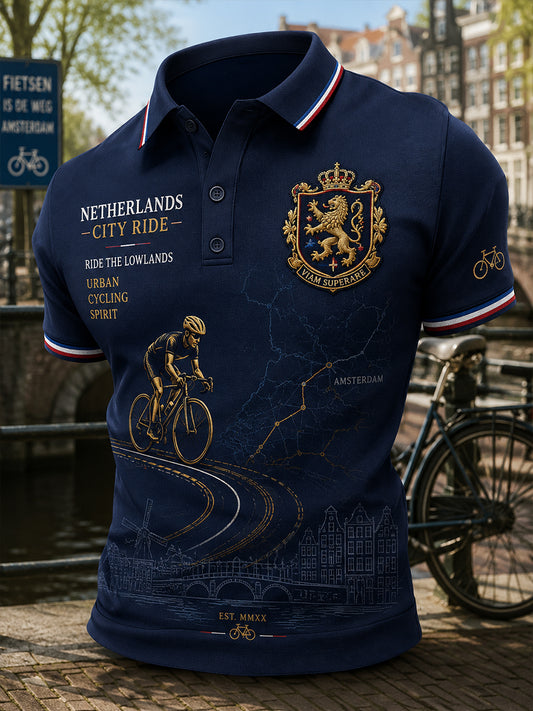 Herenpoloshirt met korte mouwen en print met fietsthema