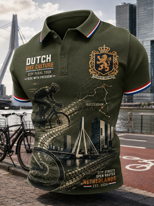 Herenpoloshirt met korte mouwen en print met fietsthema