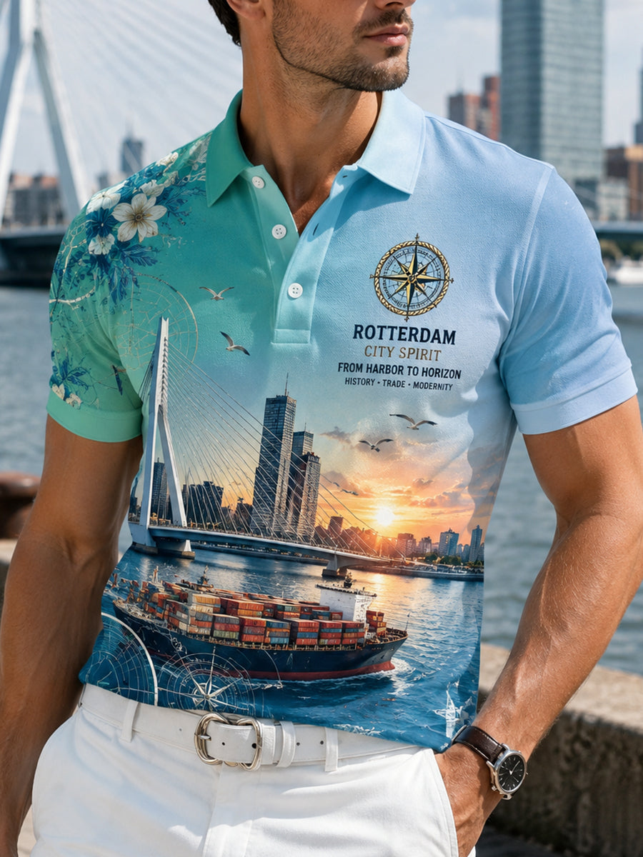 Herenpoloshirt met korte mouwen en stedelijke herdenkingsprint
