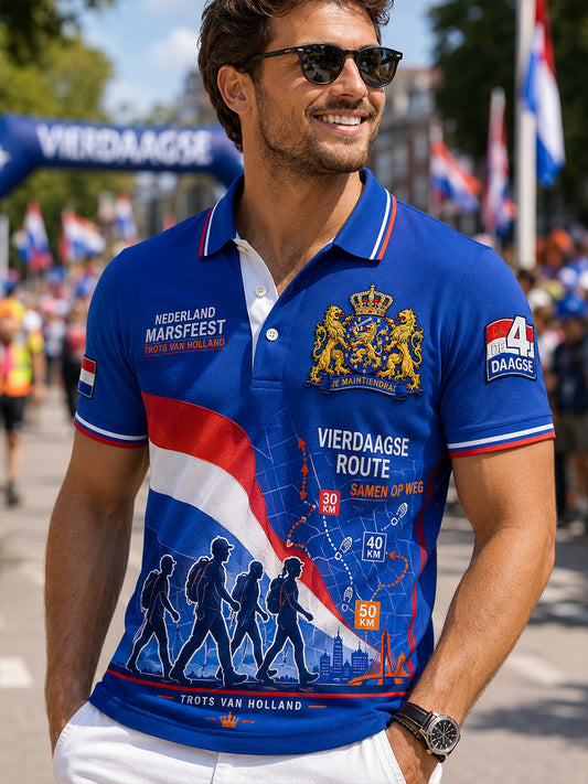 Heren korte mouwen poloshirt met vierdaags maart festival grafische print