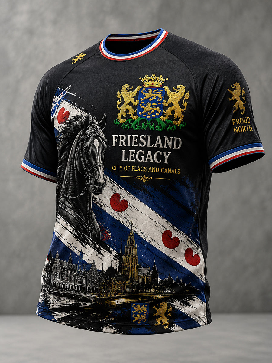 Heren-T-shirt met korte mouwen en raglanmouwen, voorzien van een stedelijke grafische herdenkingsprint