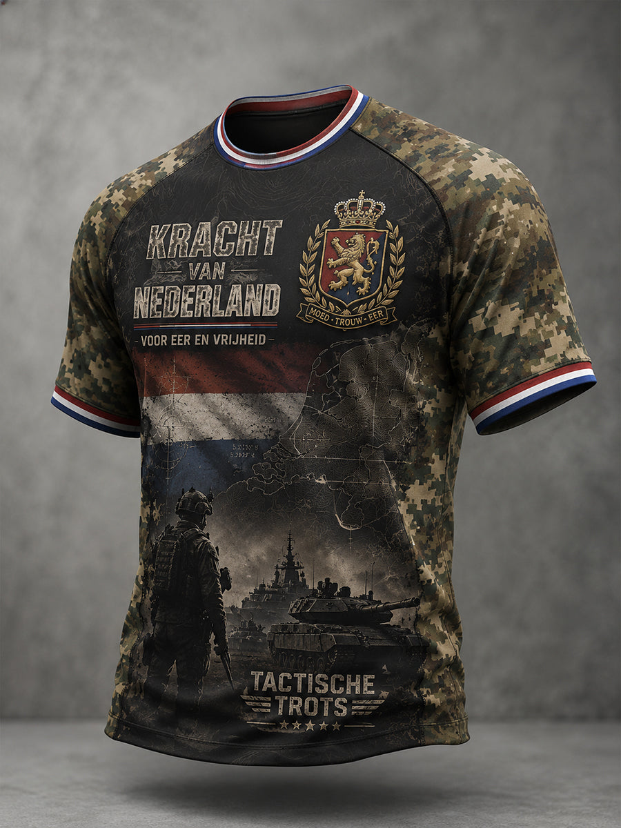 Heren-T-shirt met korte mouwen en raglanmouwen, voorzien van een camouflageprint in militaire stijl