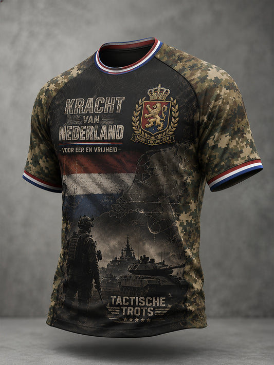 Heren-T-shirt met korte mouwen en raglanmouwen, voorzien van een camouflageprint in militaire stijl