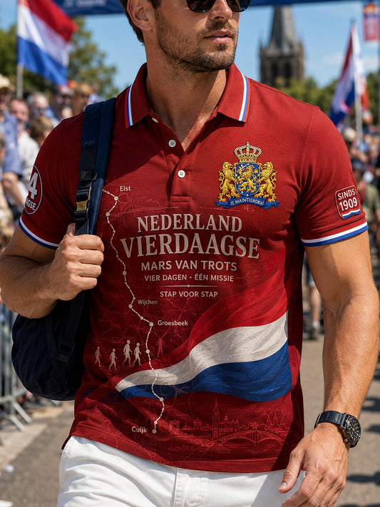 Herenpoloshirt met korte mouwen en grafische opdruk van het Vierdaagsefeest