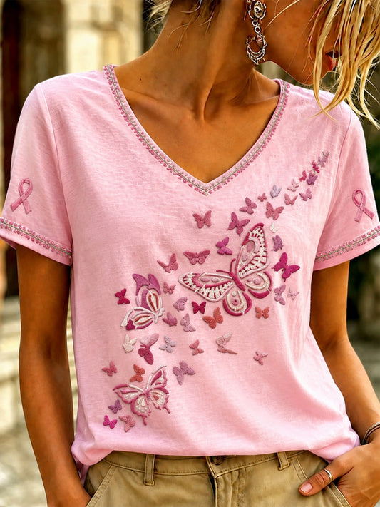 Roze T-shirt met v-hals en kunstprint over borstkanker bij vrouwen